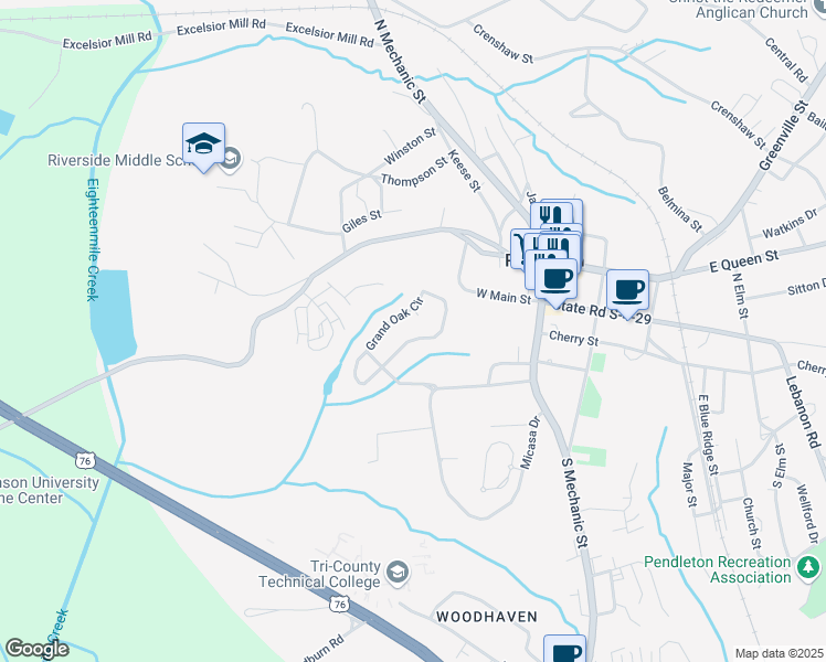 map of restaurants, bars, coffee shops, grocery stores, and more near 117 Grand Oak Circle in Pendleton