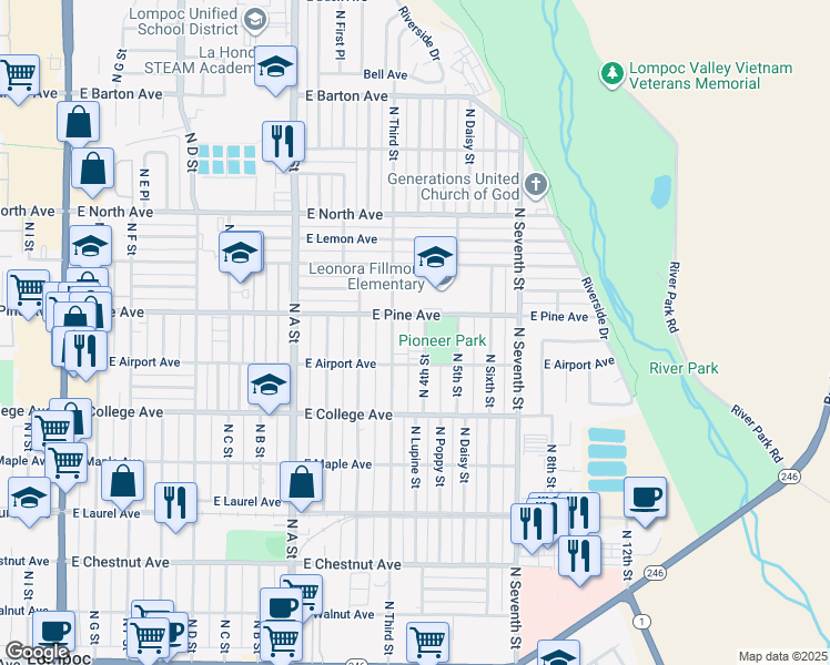 map of restaurants, bars, coffee shops, grocery stores, and more near 725 North 4th Street in Lompoc