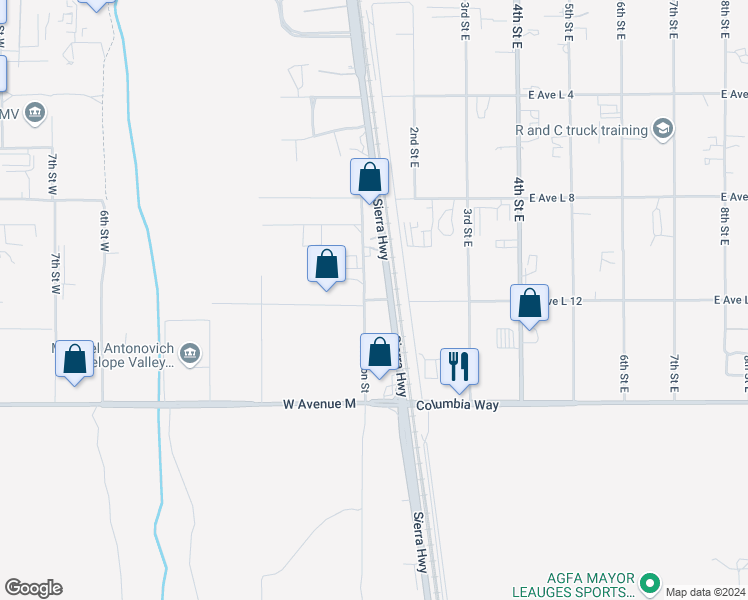 map of restaurants, bars, coffee shops, grocery stores, and more near Avenue L 12 in Lancaster
