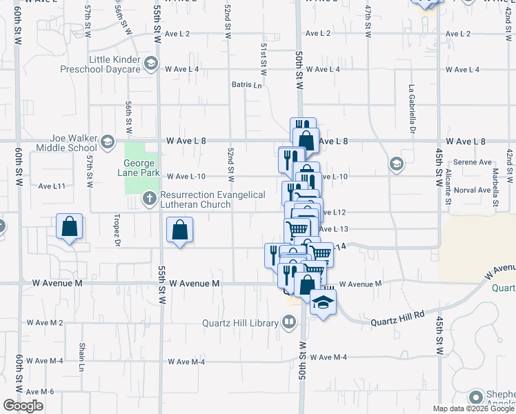 map of restaurants, bars, coffee shops, grocery stores, and more near 5121 West Avenue L12 in Lancaster