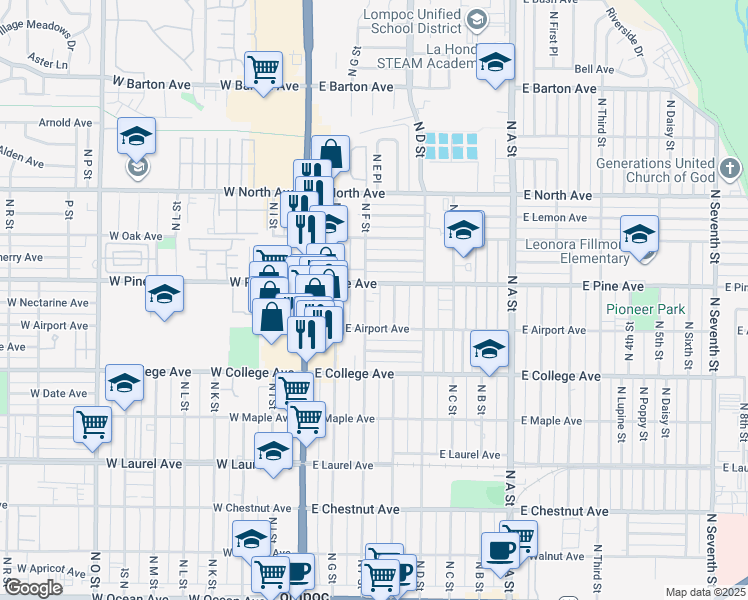 map of restaurants, bars, coffee shops, grocery stores, and more near 320 East Pine Avenue in Lompoc