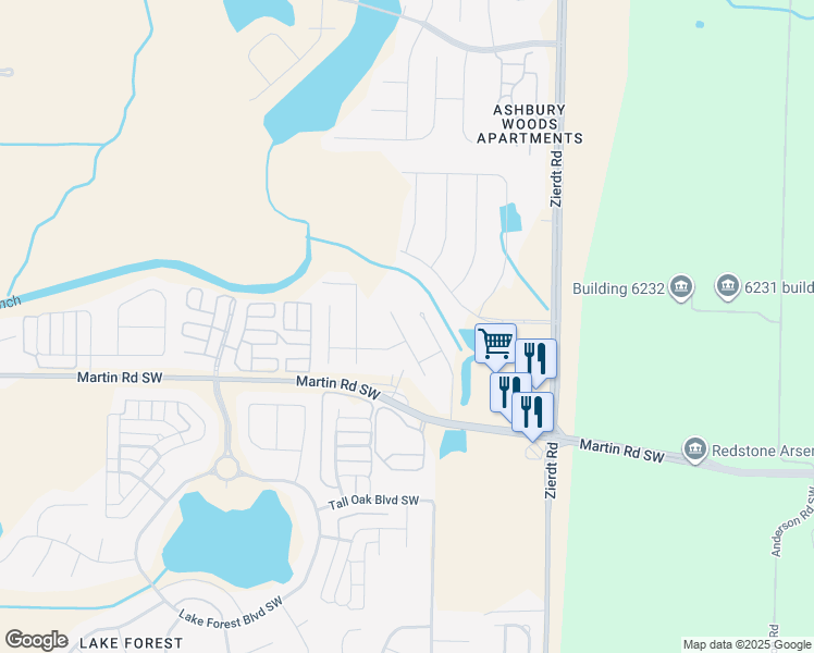 map of restaurants, bars, coffee shops, grocery stores, and more near 121 Jamar Circle Southwest in Huntsville