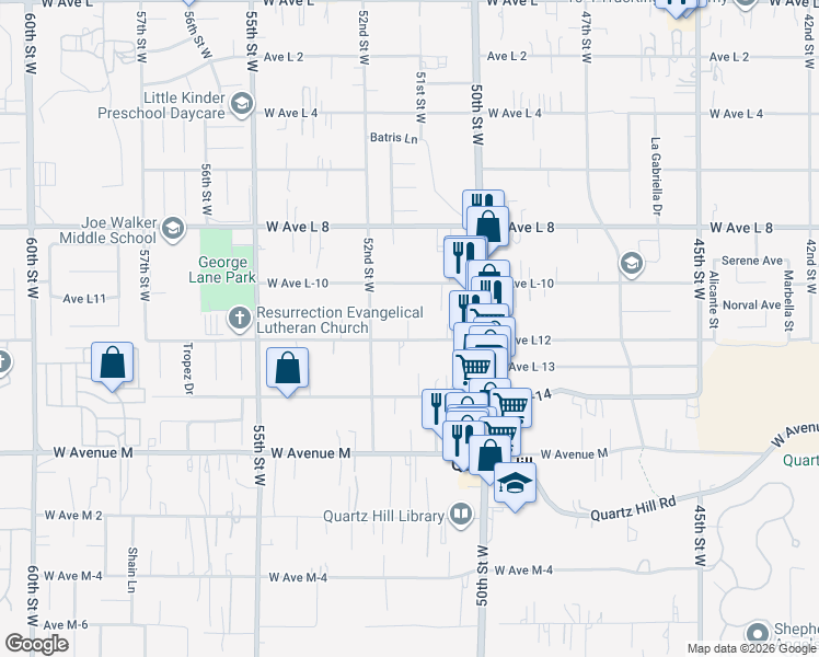 map of restaurants, bars, coffee shops, grocery stores, and more near 5121 West Avenue L12 in Lancaster