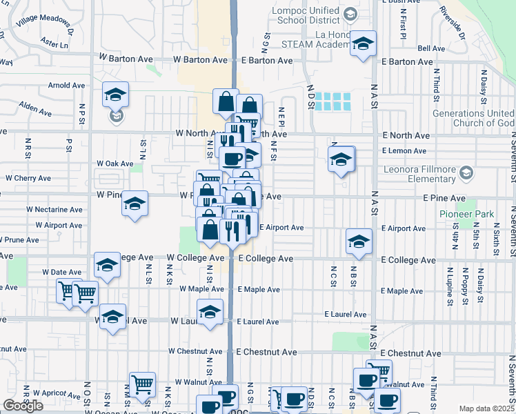 map of restaurants, bars, coffee shops, grocery stores, and more near 736 North G Street in Lompoc