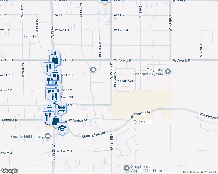 map of restaurants, bars, coffee shops, grocery stores, and more near 42209 45th Street West in Quartz Hill