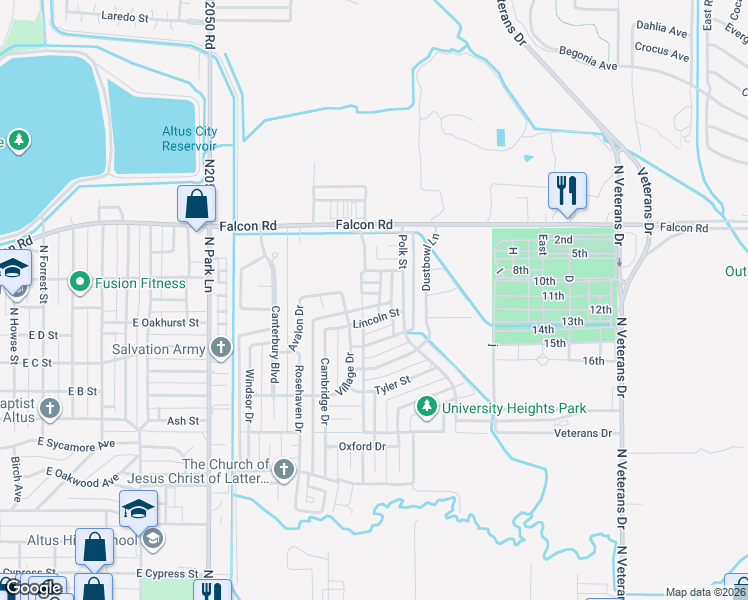 map of restaurants, bars, coffee shops, grocery stores, and more near 1300 Jefferson Street in Altus