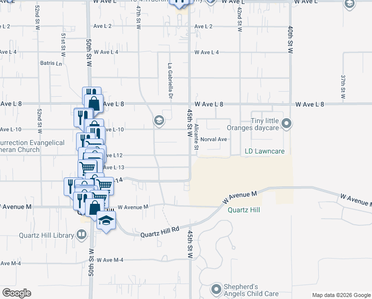 map of restaurants, bars, coffee shops, grocery stores, and more near 42209 45th Street West in Quartz Hill