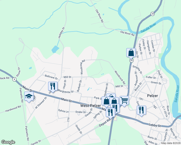 map of restaurants, bars, coffee shops, grocery stores, and more near 196 Mill Street in Pelzer
