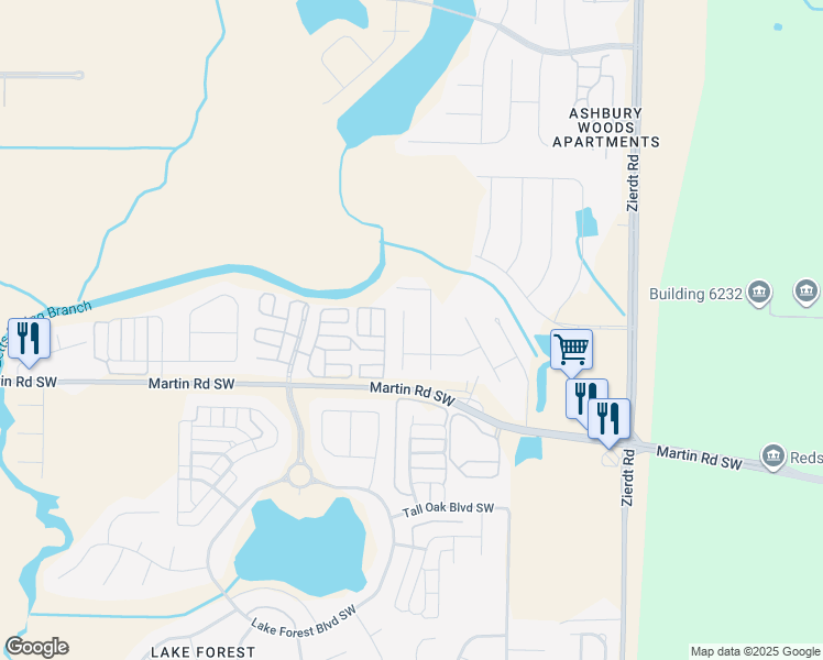map of restaurants, bars, coffee shops, grocery stores, and more near 121 Jamar Circle Southwest in Huntsville