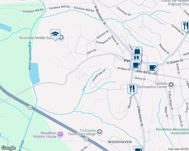 map of restaurants, bars, coffee shops, grocery stores, and more near 170 Grand Oak Circle in Pendleton