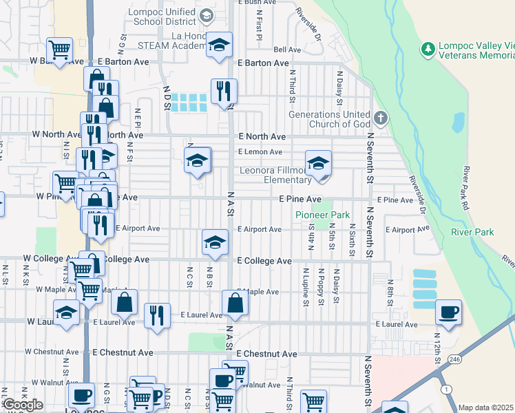 map of restaurants, bars, coffee shops, grocery stores, and more near 904 East Pine Avenue in Lompoc