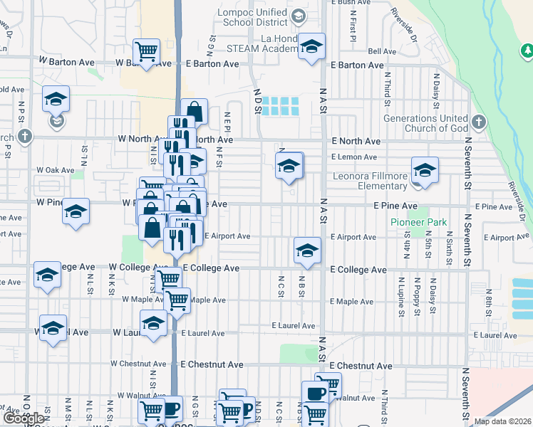 map of restaurants, bars, coffee shops, grocery stores, and more near 737 North D Street in Lompoc