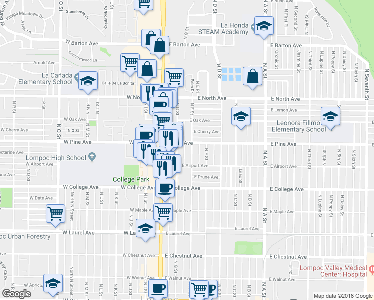 map of restaurants, bars, coffee shops, grocery stores, and more near 736 North G Street in Lompoc
