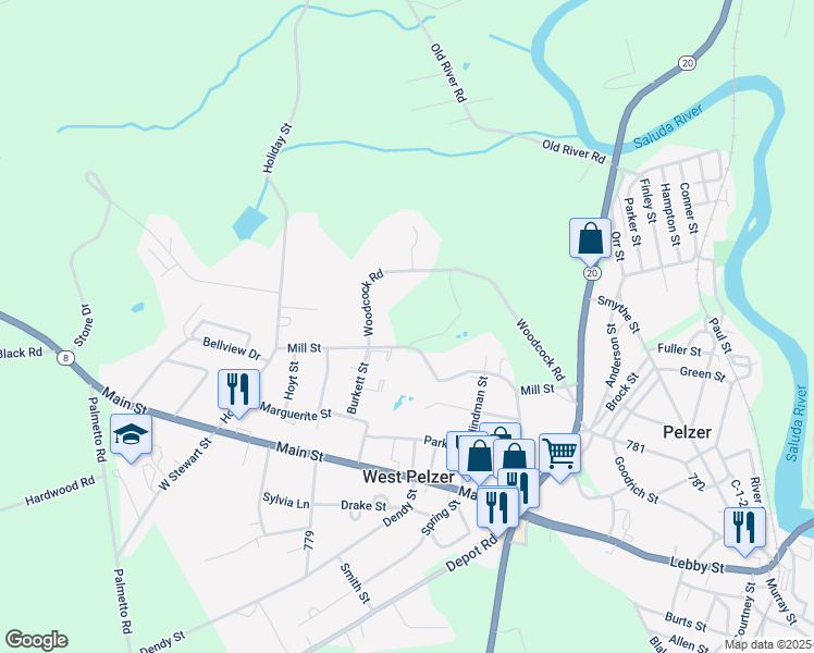 map of restaurants, bars, coffee shops, grocery stores, and more near 196 Mill Street in Pelzer