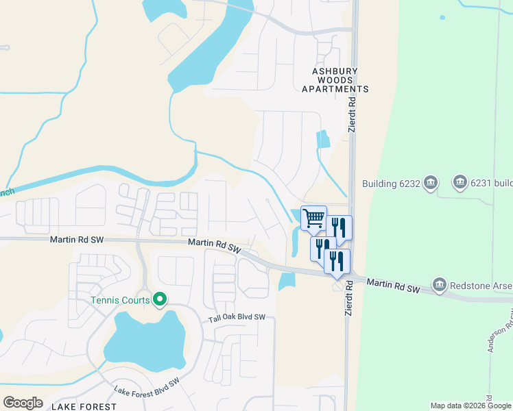 map of restaurants, bars, coffee shops, grocery stores, and more near 121 Jamar Circle Southwest in Huntsville