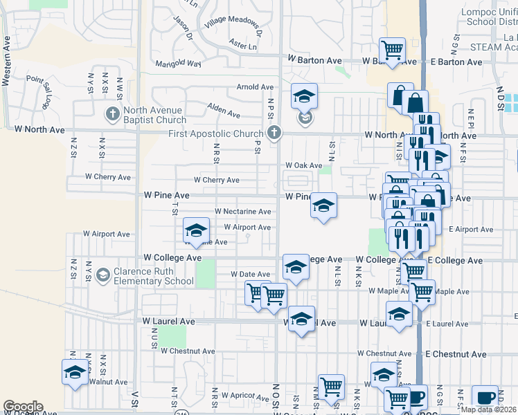 map of restaurants, bars, coffee shops, grocery stores, and more near 900 West Pine Avenue in Lompoc