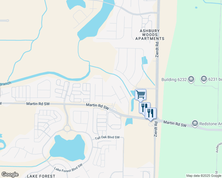 map of restaurants, bars, coffee shops, grocery stores, and more near 121 Jamar Circle Southwest in Huntsville