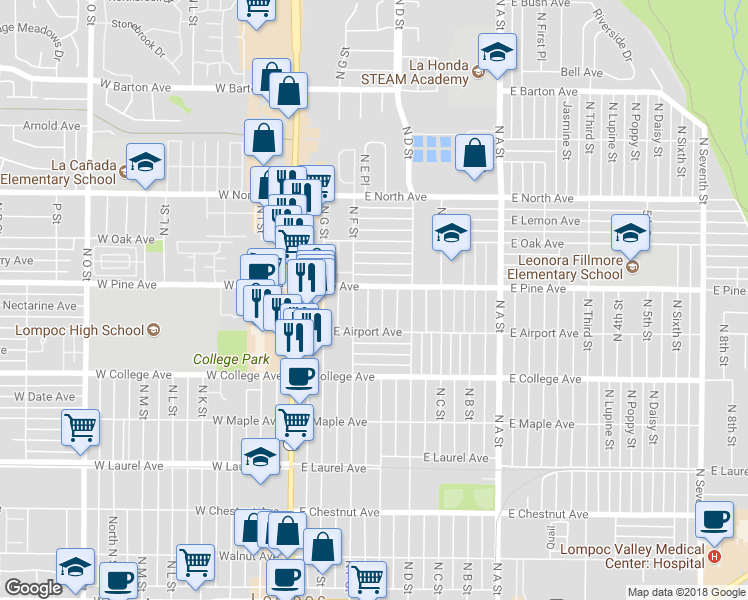 map of restaurants, bars, coffee shops, grocery stores, and more near 729 North E Street in Lompoc