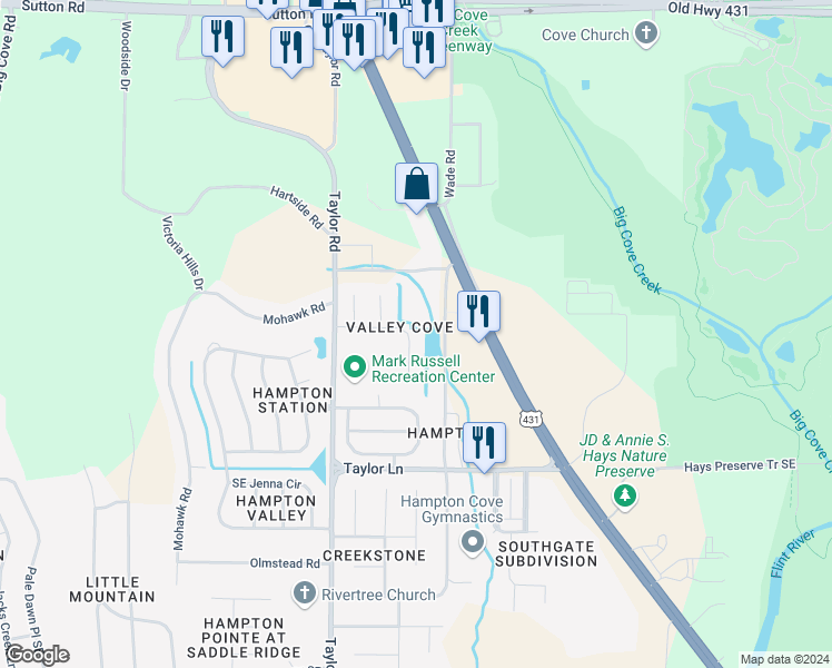 map of restaurants, bars, coffee shops, grocery stores, and more near 5023 Southeast Valley Cove Drive in Owens Cross Roads