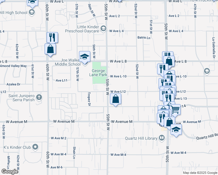 map of restaurants, bars, coffee shops, grocery stores, and more near 42220 55th Street West in Quartz Hill
