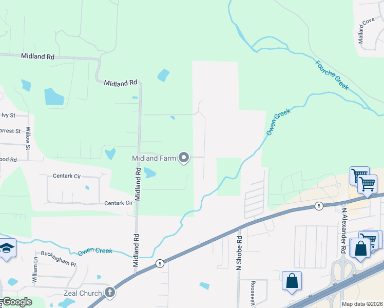 map of restaurants, bars, coffee shops, grocery stores, and more near 3204 Midland Road in Alexander