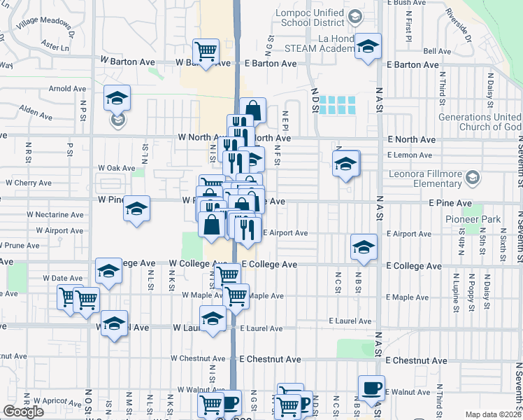 map of restaurants, bars, coffee shops, grocery stores, and more near 736 North G Street in Lompoc