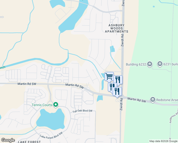 map of restaurants, bars, coffee shops, grocery stores, and more near 121 Jamar Circle Southwest in Huntsville