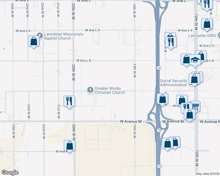 map of restaurants, bars, coffee shops, grocery stores, and more near 1641 West Avenue L12 in Lancaster