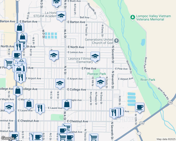 map of restaurants, bars, coffee shops, grocery stores, and more near 732 North 3rd Street in Lompoc