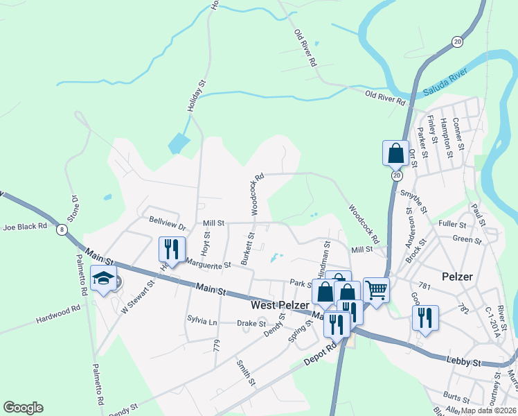 map of restaurants, bars, coffee shops, grocery stores, and more near 539 Woodcock Road in Pelzer