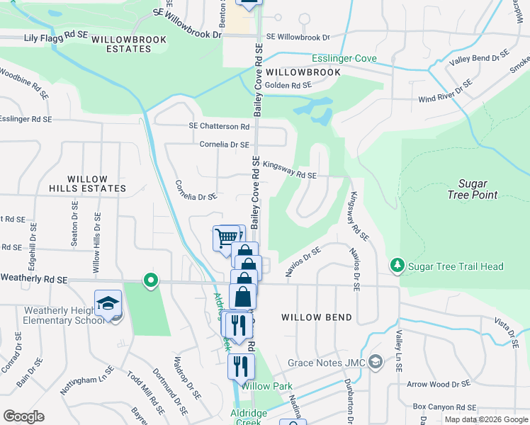map of restaurants, bars, coffee shops, grocery stores, and more near 8821 Tacoma Trail Southeast in Huntsville