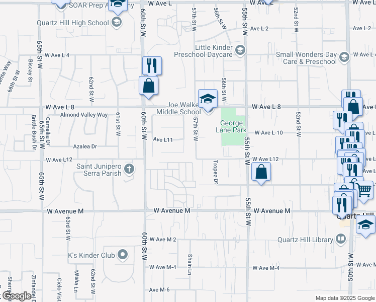 map of restaurants, bars, coffee shops, grocery stores, and more near 42222 58th Street West in Lancaster
