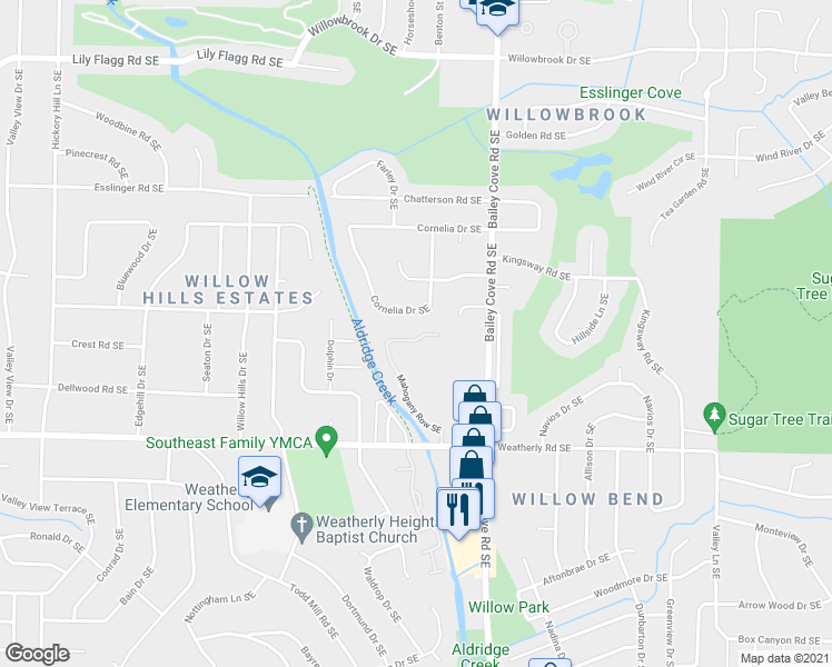 map of restaurants, bars, coffee shops, grocery stores, and more near 771 Cornelia Drive Southeast in Huntsville