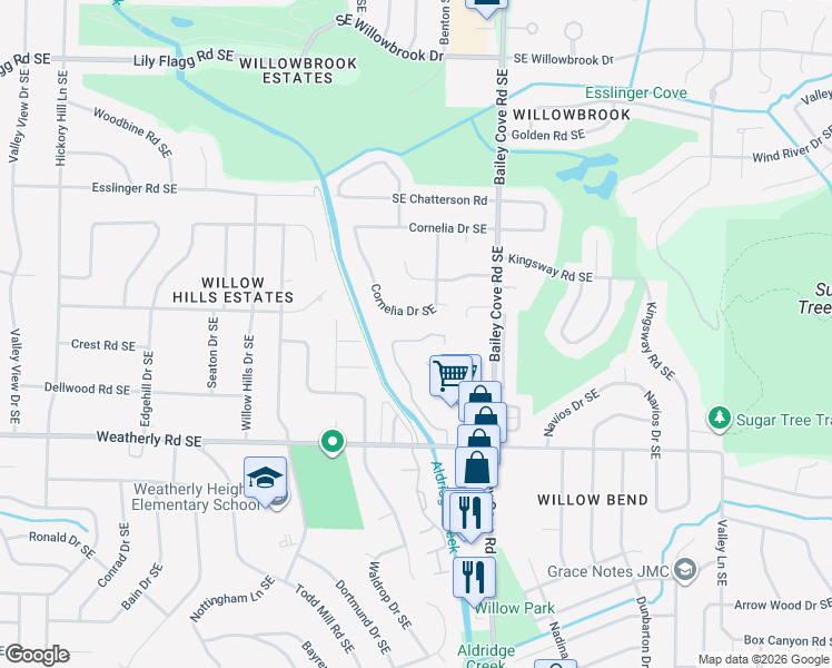 map of restaurants, bars, coffee shops, grocery stores, and more near 771 Cornelia Drive Southeast in Huntsville