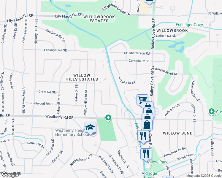 map of restaurants, bars, coffee shops, grocery stores, and more near 9723 Dolphin Drive in Huntsville
