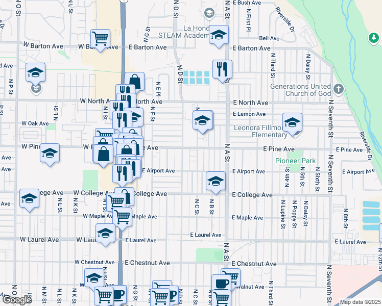 map of restaurants, bars, coffee shops, grocery stores, and more near 733 North C Street in Lompoc