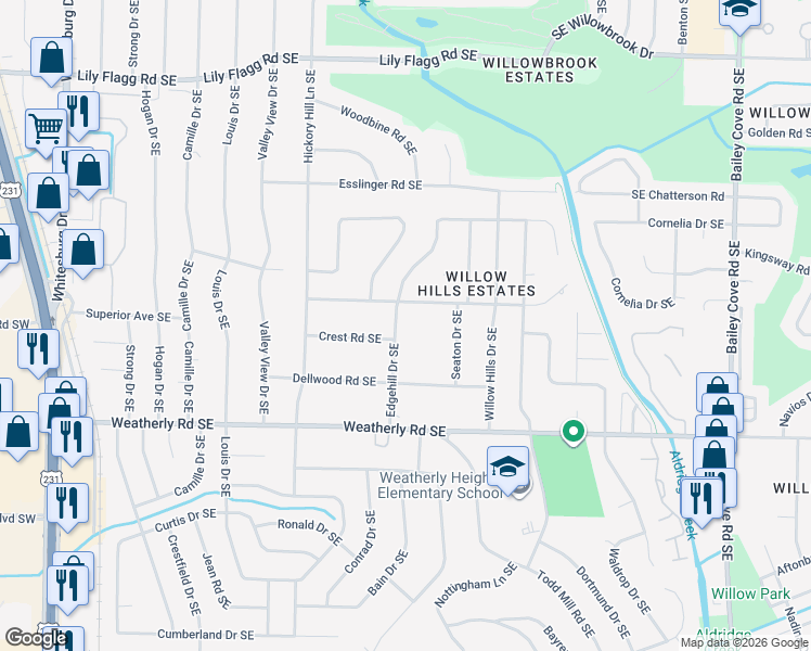 map of restaurants, bars, coffee shops, grocery stores, and more near 8811 Edgehill Drive Southeast in Huntsville