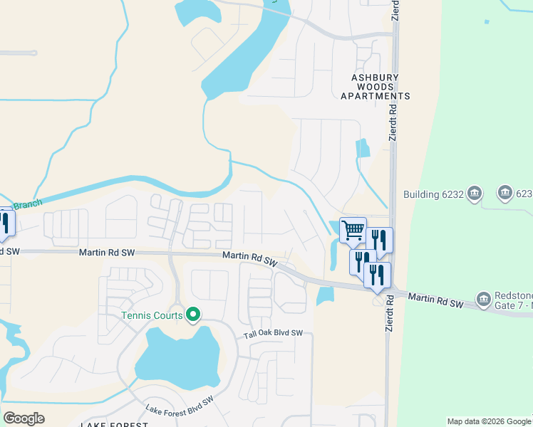 map of restaurants, bars, coffee shops, grocery stores, and more near 121 Jamar Circle Southwest in Huntsville