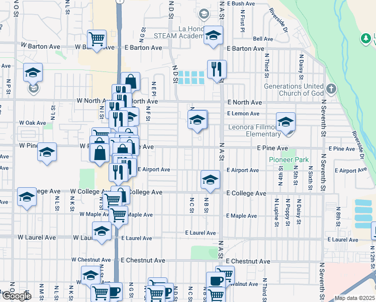 map of restaurants, bars, coffee shops, grocery stores, and more near 733 North C Street in Lompoc