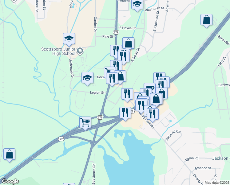 map of restaurants, bars, coffee shops, grocery stores, and more near 1709 Scott Street in Scottsboro