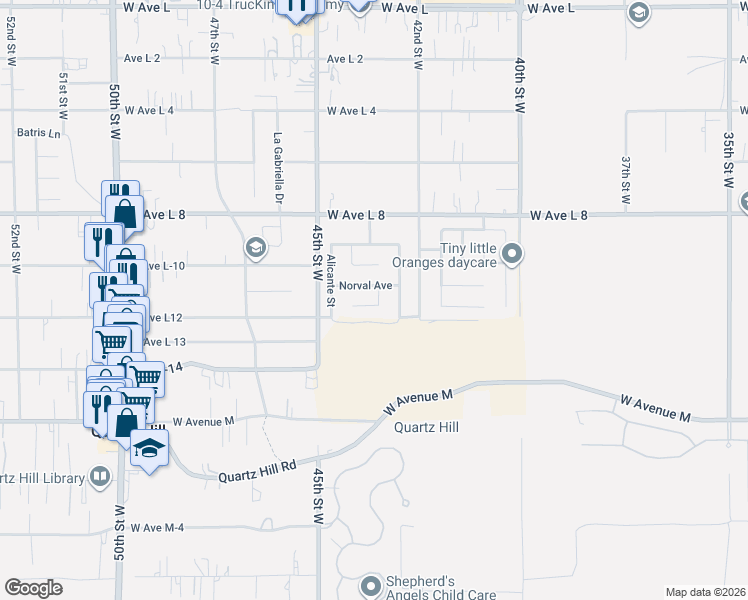map of restaurants, bars, coffee shops, grocery stores, and more near 4335 Elena Pl in Quartz Hill