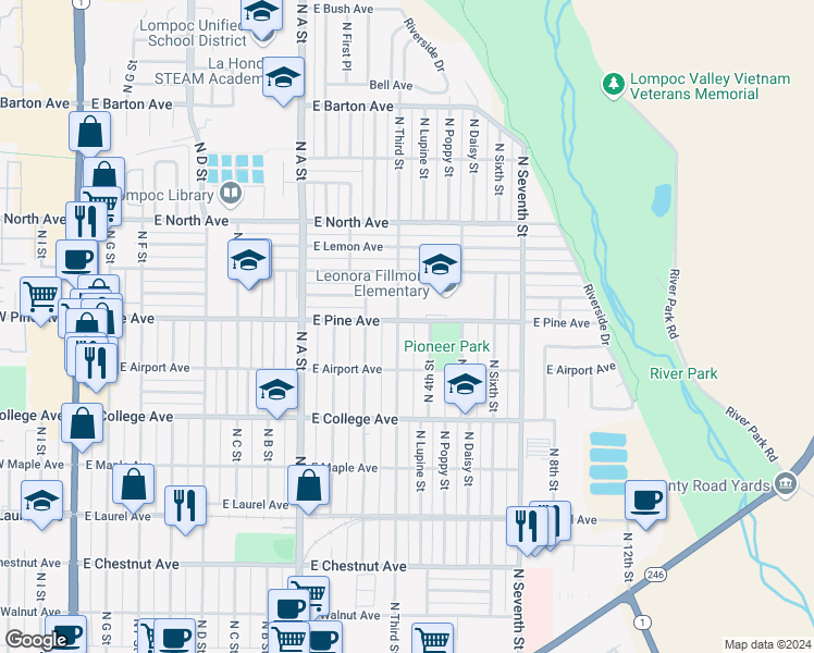 map of restaurants, bars, coffee shops, grocery stores, and more near 737 North 4th Street in Lompoc