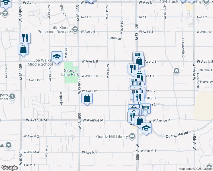 map of restaurants, bars, coffee shops, grocery stores, and more near 42221 52nd Street West in Lancaster