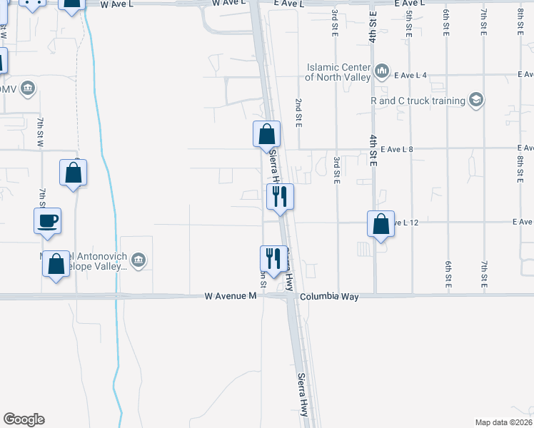 map of restaurants, bars, coffee shops, grocery stores, and more near 42213 Sierra Highway in Lancaster
