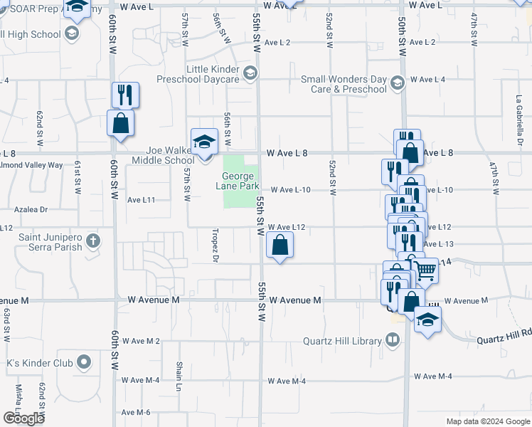 map of restaurants, bars, coffee shops, grocery stores, and more near 42220 55th Street West in Quartz Hill