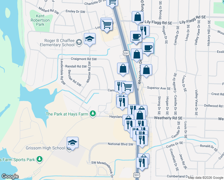 map of restaurants, bars, coffee shops, grocery stores, and more near Clark Road Southwest in Huntsville