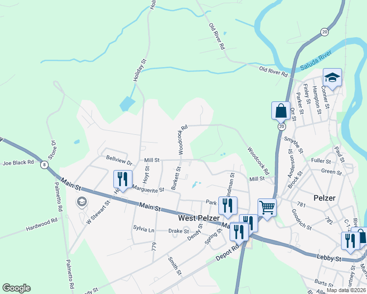 map of restaurants, bars, coffee shops, grocery stores, and more near 539 Woodcock Road in Pelzer