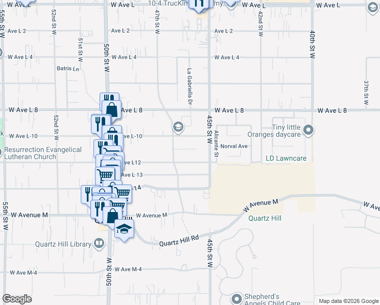 map of restaurants, bars, coffee shops, grocery stores, and more near 4546 West Avenue L-11 in Lancaster
