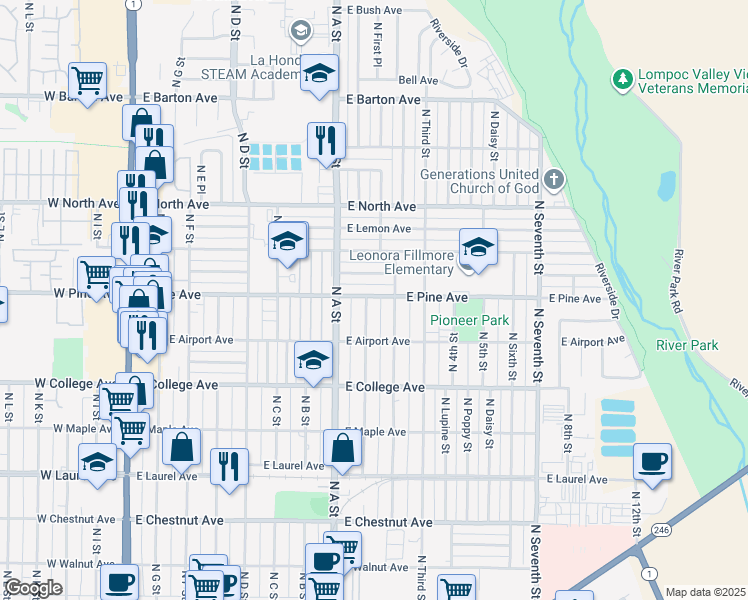 map of restaurants, bars, coffee shops, grocery stores, and more near 904 East Pine Avenue in Lompoc