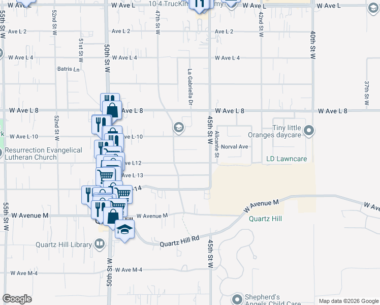 map of restaurants, bars, coffee shops, grocery stores, and more near 4546 West Avenue L-11 in Lancaster